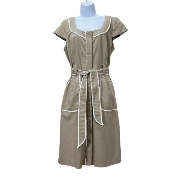 Sandra Darren Taupe Belted Sheath Dress Size 12 | Contrast Trim Office Dress - Picture 1 of 11